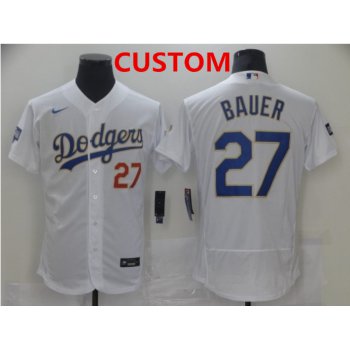 Men's Los Angeles Dodgers Custom White Gold Champions Patch Stitched MLB Flex Base Nike Jersey