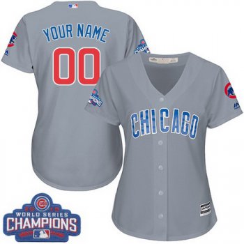 Women's Chicago Cubs Custom Gray Road 2016 World Series Champions Majestic Cool Base MLB Jersey