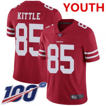 Youth 49ers #85 George Kittle Red Team Color Stitched Football 100th Season Vapor Limited Jersey