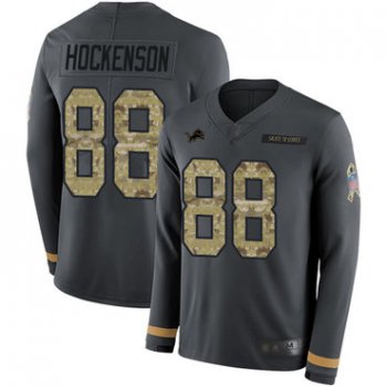 Lions #88 T.J. Hockenson Anthracite Salute to Service Youth Stitched Football Limited Therma Long Sleeve Jersey