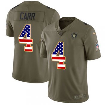 Youth Nike Oakland Raiders 4 Derek Carr Olive USA Flag Stitched NFL Limited 2017 Salute to Service Jersey