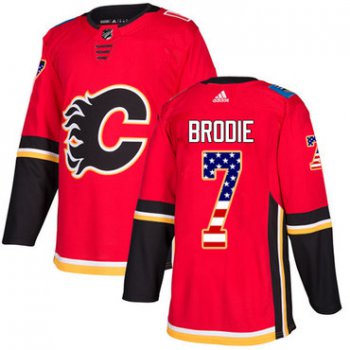 Adidas Flames #7 TJ Brodie Red Home Authentic USA Flag Stitched Youth NHL Jersey