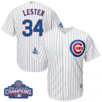 Youth Chicago Cubs #34 Jon Lester Majestic White Home 2016 World Series Champions Team Logo Patch Player Jersey