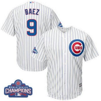 Youth Chicago Cubs #9 Javier Baez Majestic White Home 2016 World Series Champions Team Logo Patch Player Jersey
