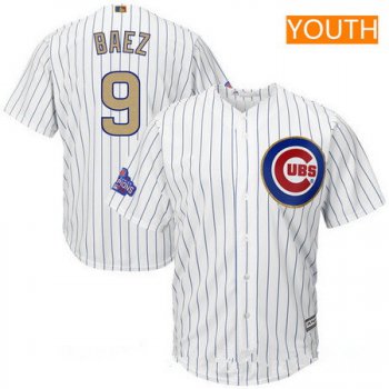 Youth Chicago Cubs #9 Javier Baez White World Series Champions Gold Stitched MLB Majestic 2017 Cool Base Jersey