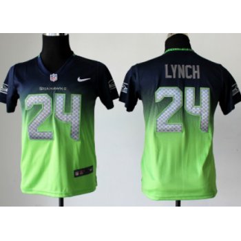 Nike Seattle Seahawks #24 Marshawn Lynch Navy Blue/Green Fadeaway Kids Jersey