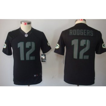 Nike Green Bay Packers #12 Aaron Rodgers Black Impact Limited Kids Jersey