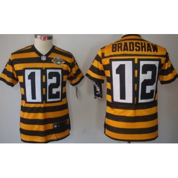 Nike Pittsburgh Steelers #12 Terry Bradshaw Yellow With Black Throwback 80TH Kids Jersey