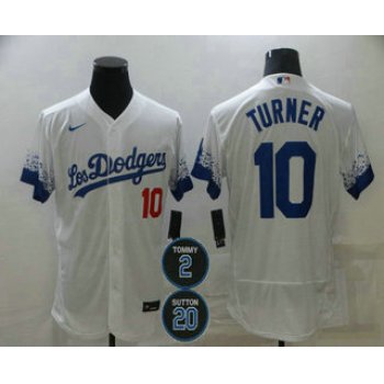 Men's Los Angeles Dodgers #10 Justin Turner White #2 #20 Patch City Connect Flex Base Stitched Jersey