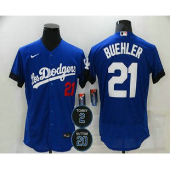 Men's Los Angeles Dodgers #21 Walker Buehler Blue #2 #20 Patch City Connect Flex Base Stitched Jersey