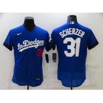 Men's Los Angeles Dodgers #31 Max Scherzer Blue 2021 City Connect Flex Base Stitched Jersey