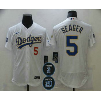 Men's Los Angeles Dodgers #5 Corey Seager White #2 #20 Patch Flex Base Sttiched MLB Jersey
