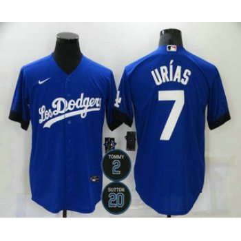 Men's Los Angeles Dodgers #7 Julio Urias Blue #2 #20 Patch City Connect Cool Base Stitched Jersey