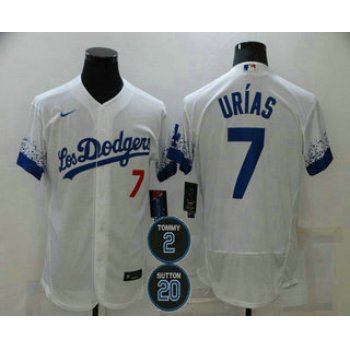 Men's Los Angeles Dodgers #7 Julio Urias White #2 #20 Patch City Connect Flex Base Stitched Jersey
