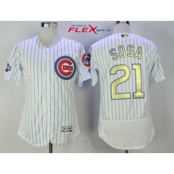 Men's Chicago Cubs #21 Sammy Sosa Retired White World Series Champions Gold Stitched MLB Majestic 2017 Flex Base Jersey