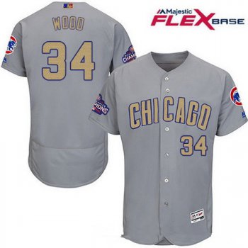 Men's Chicago Cubs #34 Kerry Wood Gray World Series Champions Gold Stitched MLB Majestic 2017 Flex Base Jersey