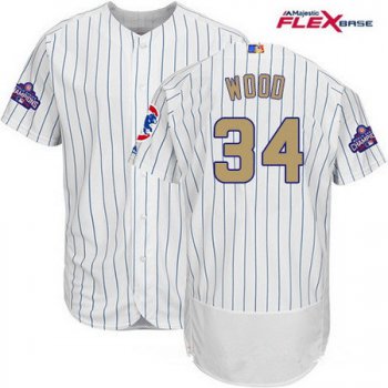 Men's Chicago Cubs #34 Kerry Wood White World Series Champions Gold Stitched MLB Majestic 2017 Flex Base Jersey