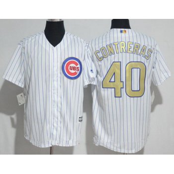 Men's Chicago Cubs #40 Willson Contreras White World Series Champions Gold Stitched MLB Majestic 2017 Cool Base Jersey