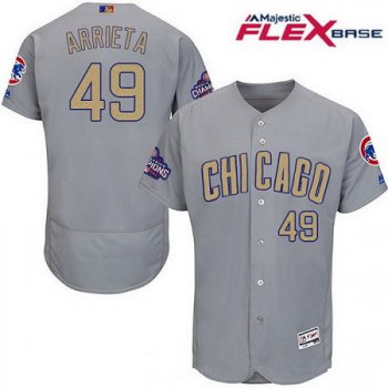 Men's Chicago Cubs #49 Jake Arrieta Gray World Series Champions Gold Stitched MLB Majestic 2017 Flex Base Jersey
