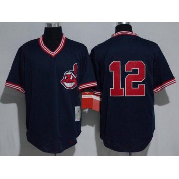 Men's Cleveland Indians #12 Francisco Lindor Navy Blue Throwback Mesh Batting Practice Stitched MLB Mitchell & Ness Jersey