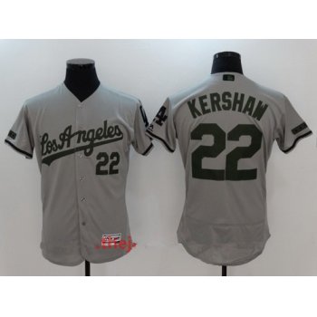 Men's Los Angeles Dodgers #22 Clayton Kershaw Gray with Green Memorial Day Stitched MLB Majestic Flex Base Jersey