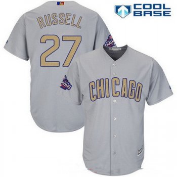 Men's Chicago Cubs #27 Addison Russell Gray World Series Champions Gold Stitched MLB Majestic 2017 Cool Base Jersey