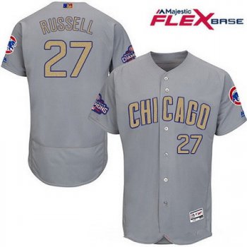 Men's Chicago Cubs #27 Addison Russell Gray World Series Champions Gold Stitched MLB Majestic 2017 Flex Base Jersey
