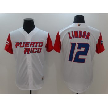 Men's Puerto Rico Baseball #12 Francisco Lindor Majestic White 2017 World Baseball Classic Stitched Authentic Jersey