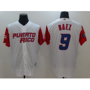 Men's Puerto Rico Baseball #9 Javier Baez Majestic White 2017 World Baseball Classic Stitched Authentic Jersey