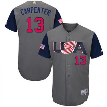 Men's Team USA Baseball Majestic #13 Matt Carpenter Gray 2017 World Baseball Classic Stitched Authentic Jersey