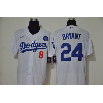 Men's Los Angeles Dodgers #24 Kobe Bryant White KB Patch Stitched MLB Cool Base Nike Jersey With front Number 8