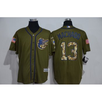 Men's Baltimore Orioles #13 Manny Machado Green Salute to Service Majestic Baseball Jersey