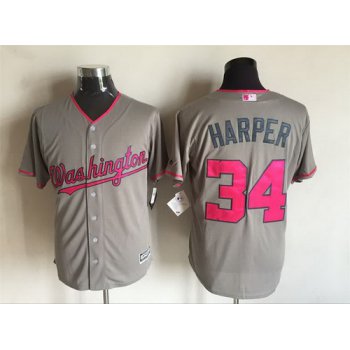 Men's Washington Nationals #34 Bryce Harper Gray With Pink 2016 Mother's Day Baseball Cool Base Jersey