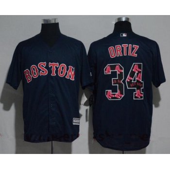 Men's Boston Red Sox #34 David Ortiz Navy Blue Team Logo Ornamented Stitched MLB Majestic Cool Base Jersey