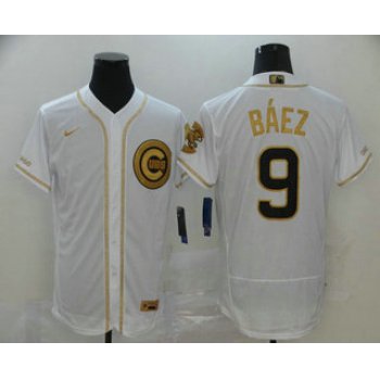 Men's Chicago Cubs #9 Javier Baez White Golden Stitched MLB Flex Base Nike Jersey