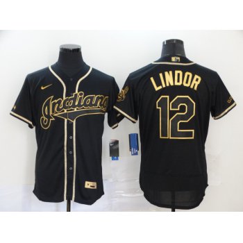 Men's Cleveland Indians #12 Francisco Lindor Black With Gold Stitched MLB Flex Base Nike Jersey