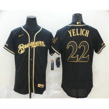 Men's Milwaukee Brewers #22 Christian Yelich Black Golden Stitched MLB Flex Base Nike Jersey