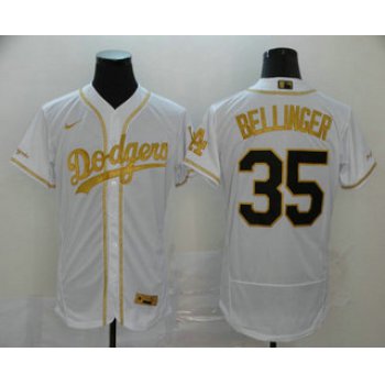 Men's Los Angeles Dodgers #35 Cody Bellinger White With Gold Stitched MLB Flex Base Nike Jersey
