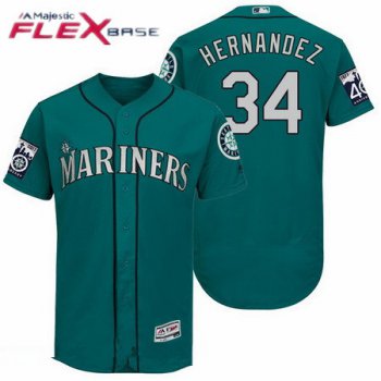 Men's Seattle Mariners #34 Felix Hernandez Teal Green 40TH Patch Stitched MLB Majestic Flex Base Jersey