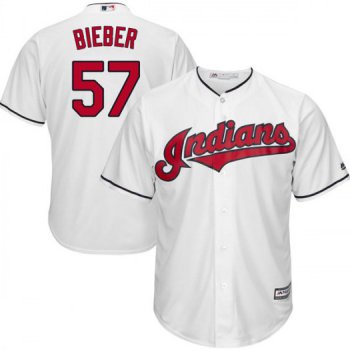Men's Majestic #57 Shane Bieber Cleveland Indians Replica White Cool Base Home Jersey