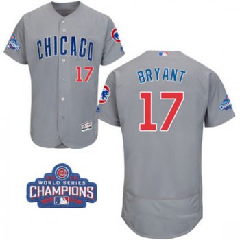 Men's Chicago Cubs #17 Kris Bryant Gray Road Majestic Flex Base 2016 World Series Champions Patch Jersey