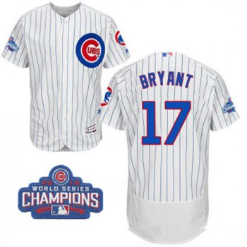 Men's Chicago Cubs #17 Kris Bryant White Home Majestic Flex Base 2016 World Series Champions Patch Jersey