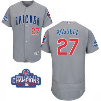 Men's Chicago Cubs #27 Addison Russell Gray Road Majestic Flex Base 2016 World Series Champions Patch Jersey