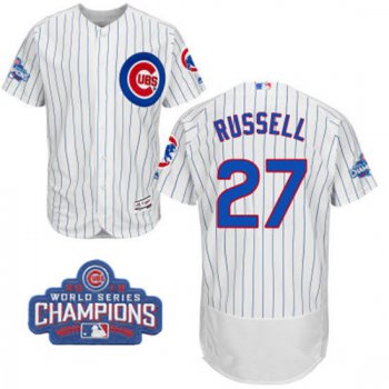 Men's Chicago Cubs #27 Addison Russell White Home Majestic Flex Base 2016 World Series Champions Patch Jersey