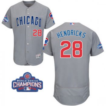 Men's Chicago Cubs #28 Kyle Hendricks Gray Road Majestic Flex Base 2016 World Series Champions Patch Jersey