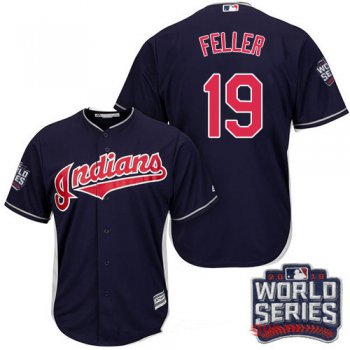 Men's Cleveland Indians #19 Bob Feller Navy Blue Alternate 2016 World Series Patch Stitched MLB Majestic Cool Base Jersey