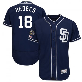 Men's San Diego Padres 18 Austin Hedges Navy 50th Anniversary and 150th Patch FlexBase Jersey