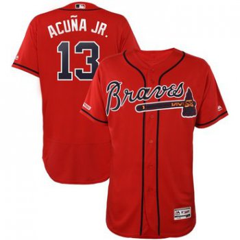Size 5XL Men's Atlanta Braves #13 Ronald Acuna Jr Scarlet 150th Patch Flexbase Jersey
