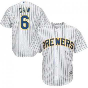 Men's Milwaukee Brewers #6 Lorenzo Cain White Strip Cool Base Stitched MLB Jersey