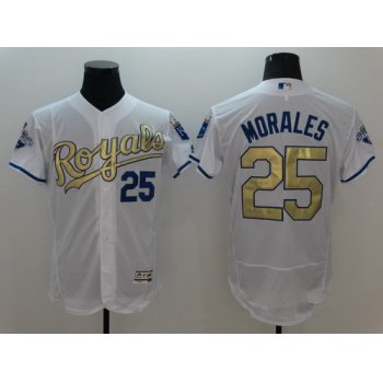 Men's Kansas City Royals #25 Kendrys Morales Majestic White World Series Champions Gold Program FlexBase Player Jersey